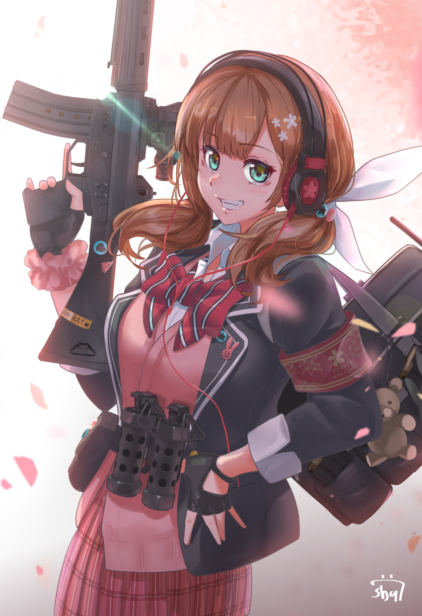 absurdres assault_rifle backpack bag breasts explosive girls'_frontline gloves green_eyes grenade gun hair_ribbon hand_on_hip headphones highres holding holding_weapon howa_type_89 howa_type_89_(girls'_frontline) looking_at_viewer medium_breasts multicolored_background pink_shirt pink_skirt ribbon rifle shirt shu70077 skirt smile stanag_magazine stuffed_animal stuffed_toy teddy_bear trigger_discipline twintails weapon
