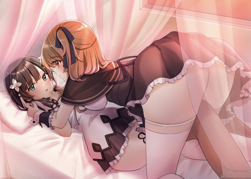 2girls all_fours aqua_eyes ass assault_lily bangs bed black_capelet black_hair black_ribbon black_skirt blunt_bangs blush breasts brown_hair capelet closed_mouth commentary_request curtains detached_sleeves evening eye_contact feet_out_of_frame flower frilled_skirt frilled_sleeves frills girl_on_top grey_thighhighs hair_between_eyes hair_flower hair_ornament hair_ribbon hair_scrunchie hand_on_another's_shoulder hand_up high-waist_skirt highres indoors knee_up kuo_shenlin leg_between_thighs long_hair looking_at_another low_ponytail lying medium_breasts miniskirt multiple_girls on_back on_bed one_side_up parted_lips pleated_skirt profile ribbon school_uniform scrunchie shirt short_sleeves side_ponytail skirt stealth_nyanko tassel tassel_hair_ornament thighhighs transparent wang_yujia white_flower white_scrunchie white_shirt white_thighhighs window yellow_eyes yuri yurigaoka_girls_academy_school_uniform