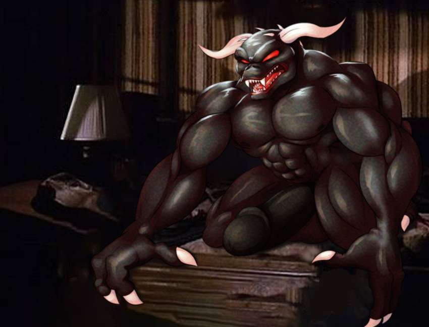 3_fingers abs absurd_res anthro bed bedroom bedside_table biceps big_muscles big_penis black_body black_penis black_skin canid canid_demon circumcised claws demon detailed_background finger_claws fingers forward_arm_support furniture furniture_lamp genitals glans grey_body grey_skin hairless hi_res horn huge_muscles huge_penis humanoid_genitalia humanoid_penis kneeling lamp male mammal muscular muscular_anthro muscular_male nude on_bed open_mouth pecs penis red_eyes screencap screencap_background sharp_claws sharp_teeth snarling solo teeth terror_dog thebigbadwolf01 toe_claws urethra vinz_clortho_(ghostbusters)