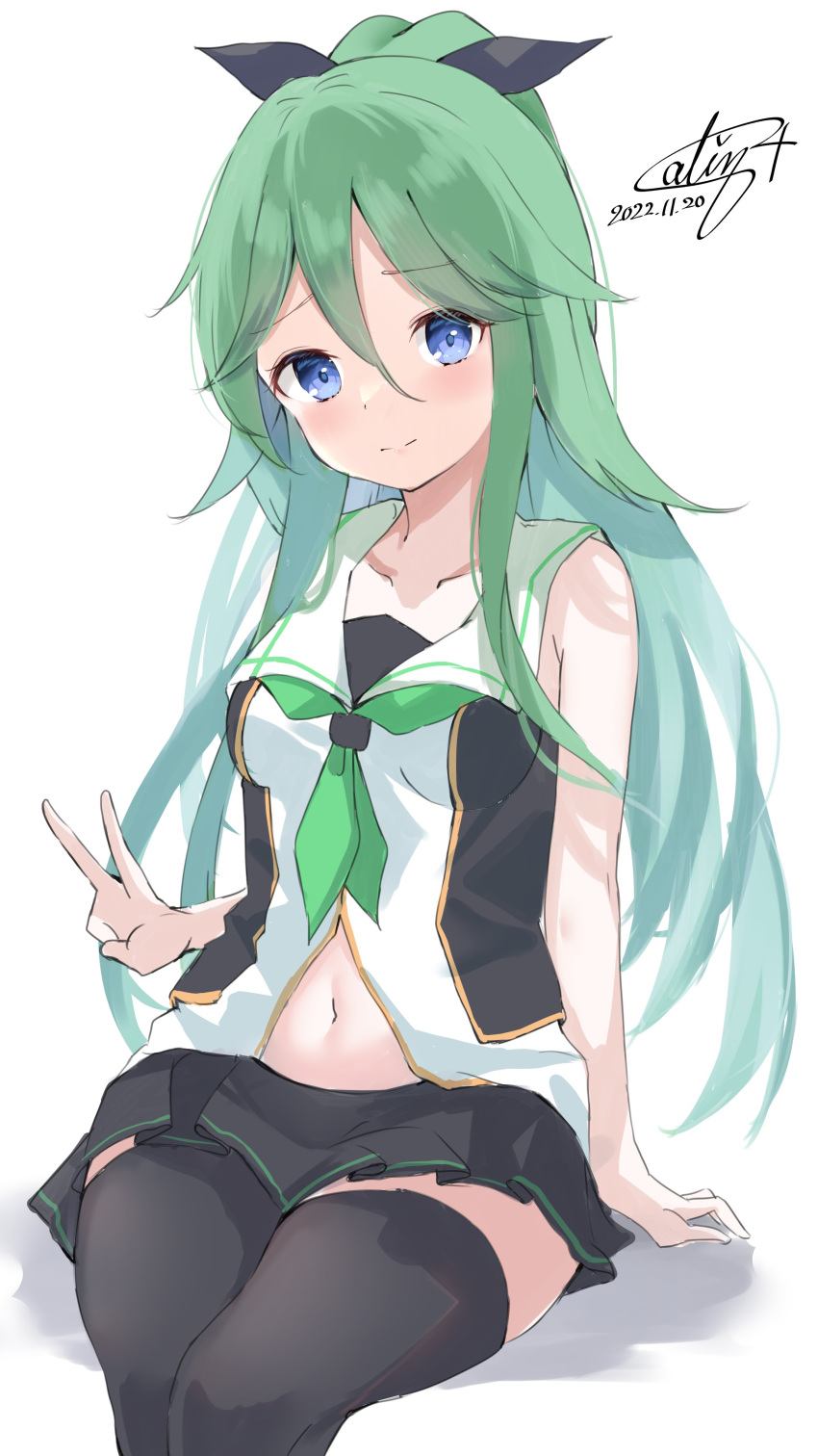 1girl absurdres bangs black_ribbon black_serafuku black_skirt calin collarbone detached_sleeves green_eyes green_hair green_neckerchief hair_between_eyes hair_flaps hair_ornament hair_ribbon hairclip highres kantai_collection long_hair navel neckerchief one-hour_drawing_challenge parted_bangs pleated_skirt ponytail ribbon school_uniform serafuku shirt sidelocks sitting skirt sleeveless sleeveless_shirt solo v yamakaze_(kancolle) yamakaze_kai_ni_(kancolle)