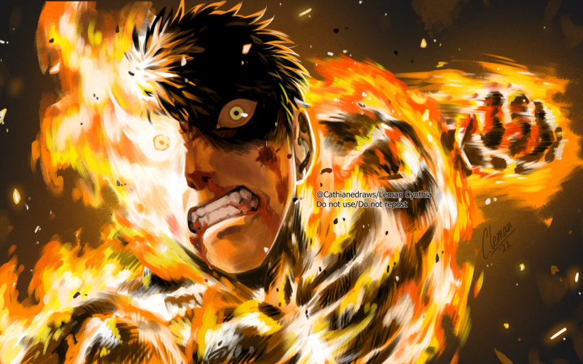 1boy agni_(fire_punch) black_hair blood blood_from_mouth blood_on_face burn_scar burning clenched_hand clenched_teeth clip_studio_paint_(medium) cynthia_leman fire_punch flaming_eye green_eyes imminent_punch looking_at_viewer orange_theme punching scar short_hair solo teeth twitter_username
