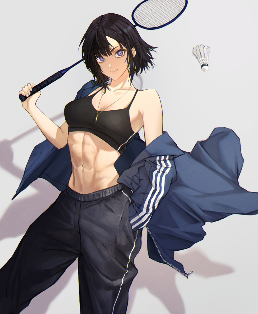 1girl abs absurdres badminton badminton_racket black_hair black_pants black_sports_bra blue_jacket breasts hand_in_pocket hanebado! highres holding holding_racket jacket jewelry looking_at_viewer madoro_q medium_breasts midriff navel off_shoulder open_clothes open_jacket pants pendant purple_eyes racket shiwahime_yuika short_hair solo sports_bra toned track_jacket track_pants track_suit