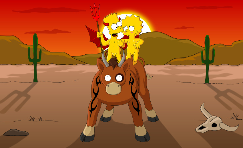 barefoot bart_simpson bovid bovine cattle demon feet female group hi_res horn horned_humanoid human humanoid lisa_simpson male mammal nipples nude open_mouth spade_tail sunset the_simpsons trio wings