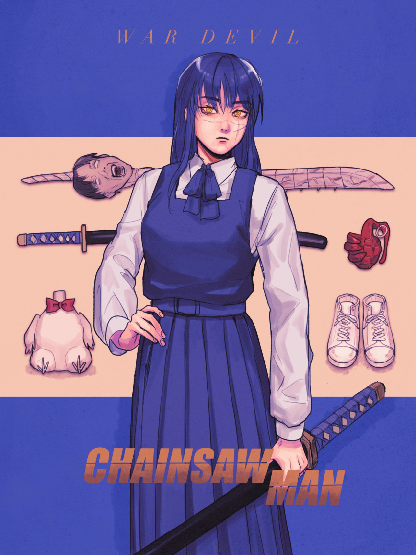 1boy 1girl absurdres bird black_hair blue_hair blue_ribbon blue_theme bow bowtie bucky_(chainsaw_man) chainsaw_man chicken collared_shirt dress drgryu750 explosive grenade hand_on_hip headless heart_(organ) highres holding holding_sword holding_weapon katana long_hair looking_at_viewer movie_poster open_mouth parody pinafore_dress red_bow red_bowtie ribbon ringed_eyes scar scar_on_face severed_head shirt sword tanaka_(chainsaw_man) weapon white_footwear white_shirt yellow_eyes yoru_(chainsaw_man)