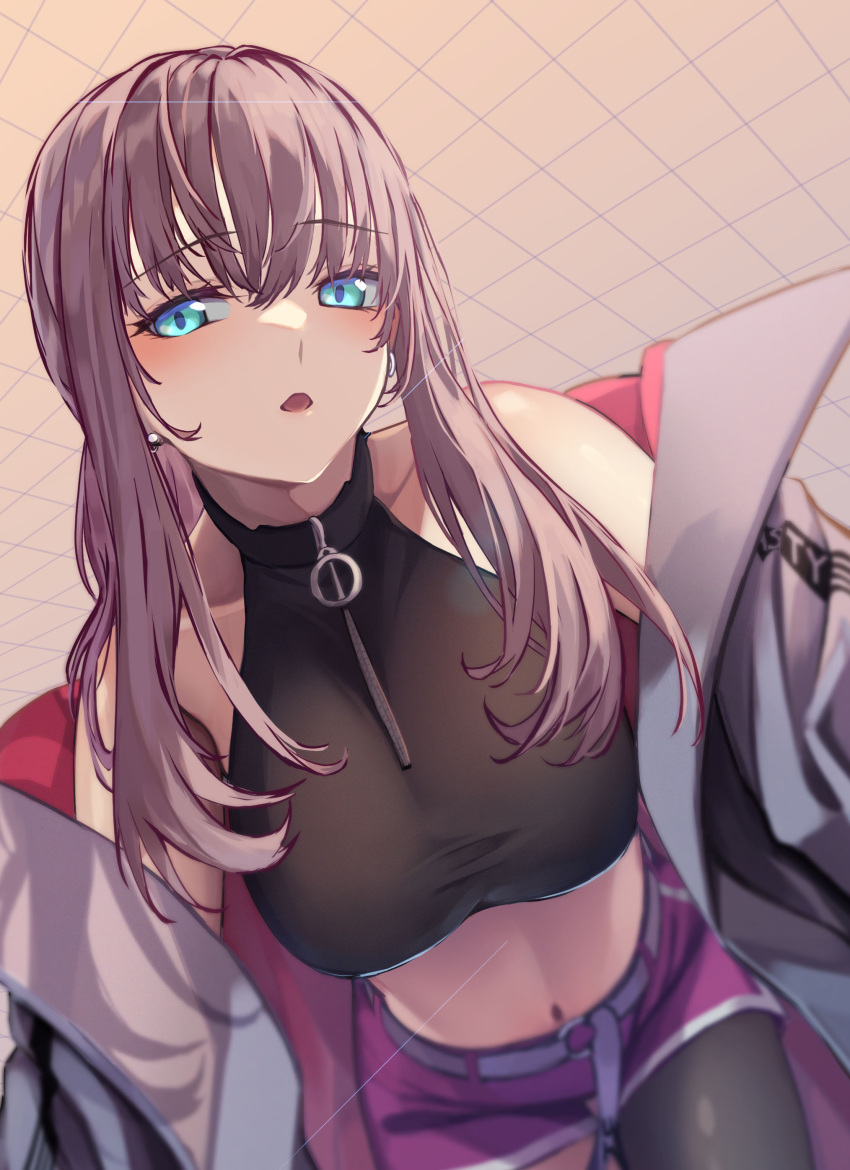 1girl 3_small_spiders absurdres aqua_eyes ar-57_(girls'_frontline) bangs bare_shoulders black_pantyhose black_shirt blush breasts collarbone commentary crop_top ear_piercing feet_out_of_frame girls'_frontline highres jacket jacket_pull leaning_forward long_hair looking_at_viewer medium_breasts navel open_clothes open_jacket open_mouth pantyhose parted_lips piercing pink_hair pink_shorts shirt shorts simple_background single_leg_pantyhose solo standing white_jacket
