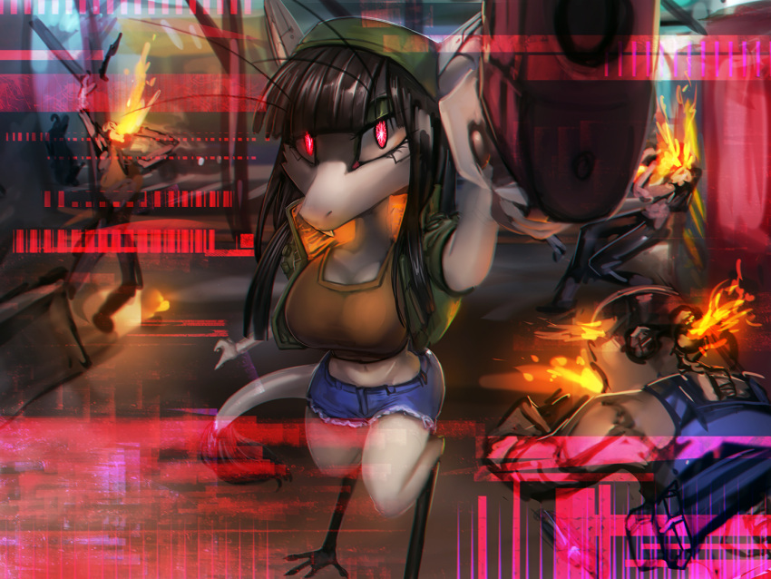 2022 4_toes anthro barefoot black_hair bottomwear breasts brown_clothing brown_topwear clothing cybernetics cyberpunk_edgerunners cyborg digital_media_(artwork) feet female fingerpads fur general-irrelevant glitch grey_body grey_fur gun hair holding_gun holding_object holding_weapon looking_at_viewer machine mammal navel out-of-placers pawpads pointing_gun_at_viewer ranged_weapon red_eyes science_fiction shorts solo_focus standing toes topwear violence vizlet weapon webcomic yinglet