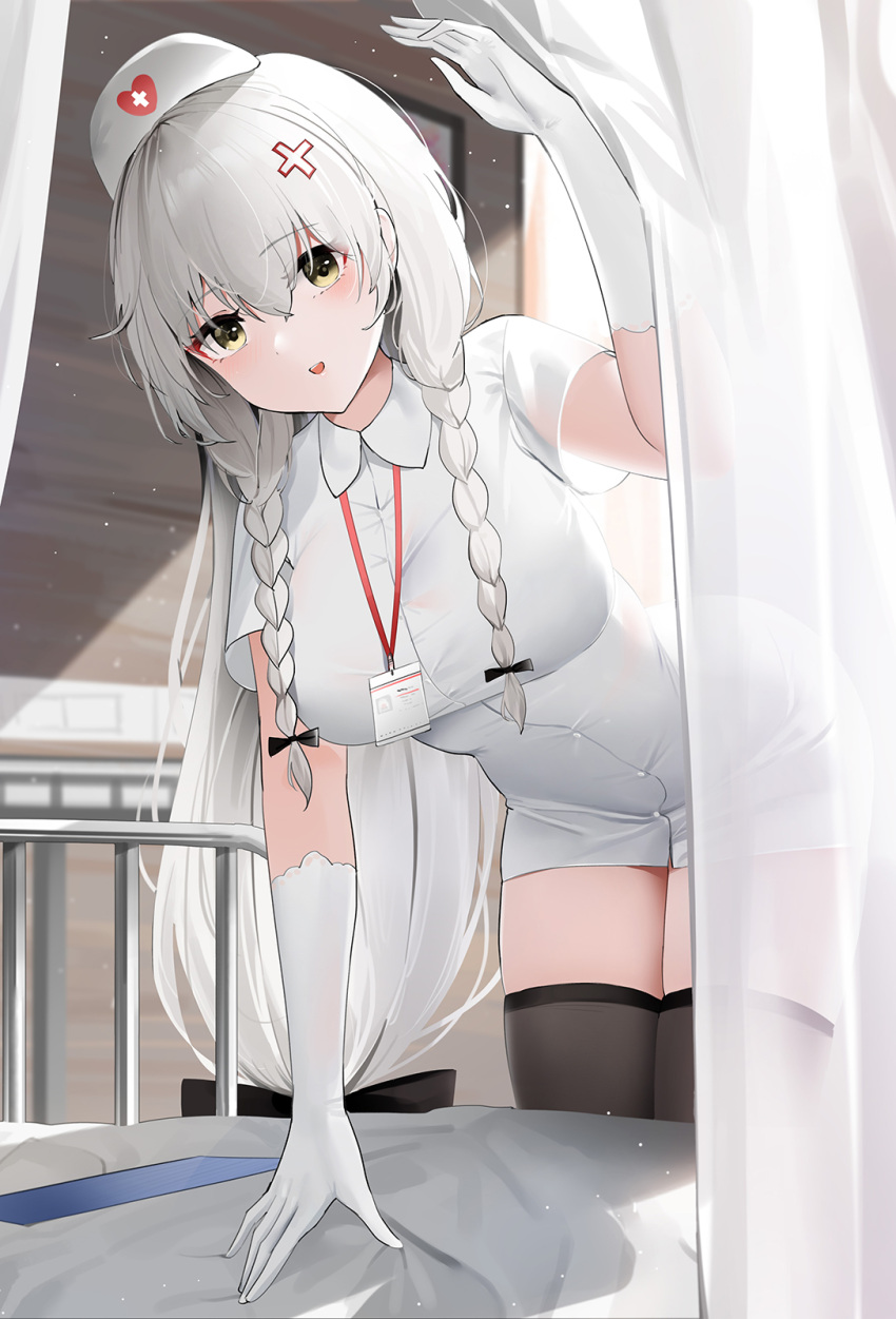 1girl :d azur_lane bangs bed black_bow black_thighhighs bow braid brown_eyes chinese_commentary collared_dress commentary_request cross crossed_bangs curtains dress elbow_gloves gloves hair_between_eyes hair_bow hat heart hermione_(azur_lane) hermione_(pure_white_angel)_(azur_lane) highres hospital_bed id_card indoors lanyard leaning_forward legs_together light_particles long_hair looking_at_viewer nurse nurse_cap official_alternate_costume parted_lips qing_wu see-through see-through_sleeves short_dress short_sleeves sidelocks smile solo taut_clothes taut_dress thighhighs thighs twin_braids very_long_hair white_curtains white_dress white_gloves white_hair white_headwear zettai_ryouiki