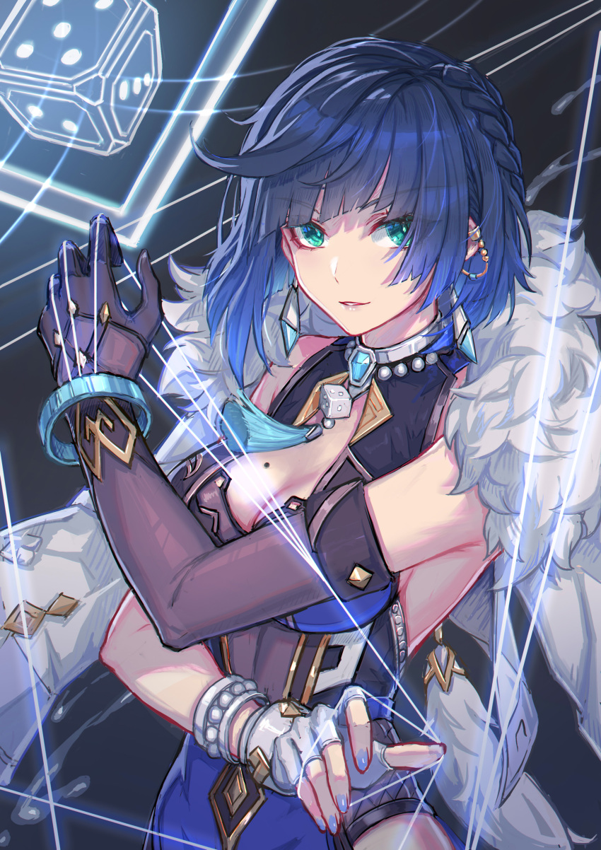 1girl absurdres aqua_eyes asymmetrical_gloves bangs black_gloves blue_hair blue_jacket blue_nails blunt_bangs bracelet breasts cleavage commentary_request dice earrings elbow_gloves fingerless_gloves fur-trimmed_jacket fur_trim genshin_impact gloves highres jacket jacket_on_shoulders jewelry large_breasts looking_at_viewer mismatched_gloves nail_polish nairobi_song parted_lips short_hair sleeveless solo white_gloves yelan_(genshin_impact)