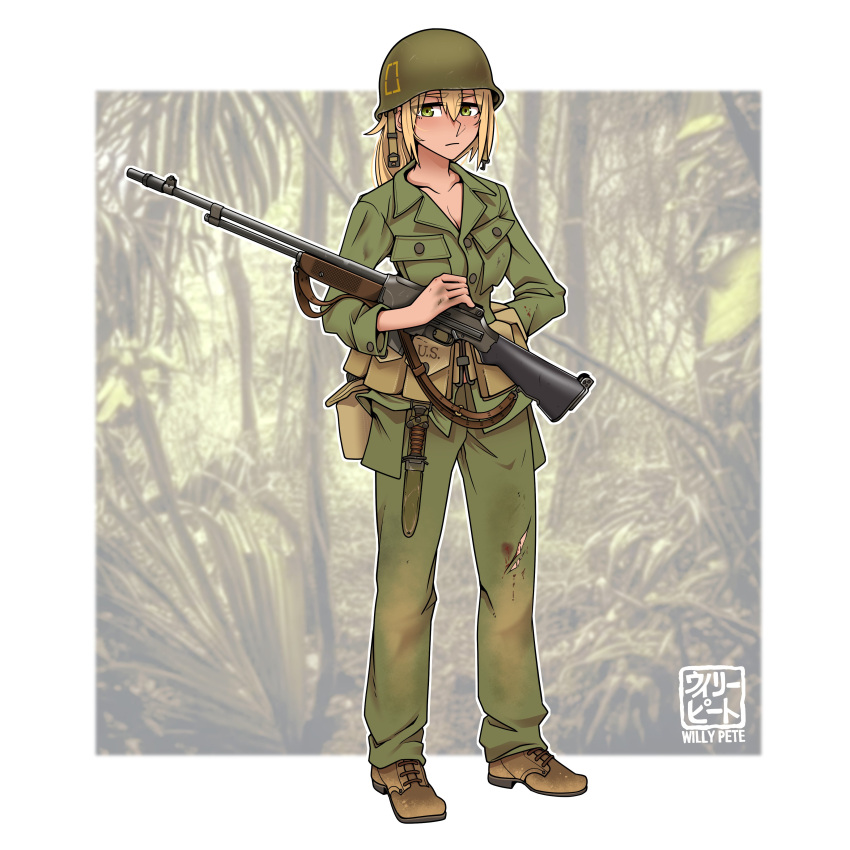 1girl absurdres artist_name blonde_hair blood border combat_knife expressionless green_pants green_shirt gun helmet highres holding holding_gun holding_weapon jungle knife long_sleeves looking_at_viewer m1918_bar machine_gun military military_helmet military_uniform nature original pants shirt short_hair solo torn_clothes uniform weapon white_border willy_pete