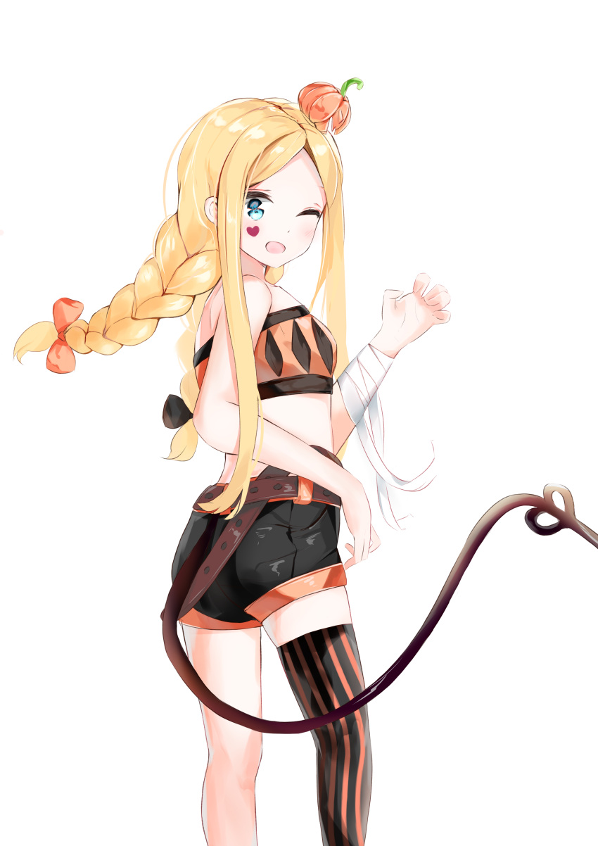 1girl ;d abigail_williams_(fate) absurdres bandaged_arm bandages bangs bare_arms bare_shoulders black_bow black_shorts blonde_hair blue_eyes bow braid breasts claw_pose commentary fate/grand_order fate_(series) hair_bow highres jack-o'-lantern long_hair looking_at_viewer looking_back low_twintails on_head one_eye_closed orange_bow parted_bangs short_shorts shorts simple_background single_thighhigh small_breasts smile solo striped striped_thighhighs tail thighhighs twin_braids twintails vertical-striped_thighhighs vertical_stripes very_long_hair white_background yukaa