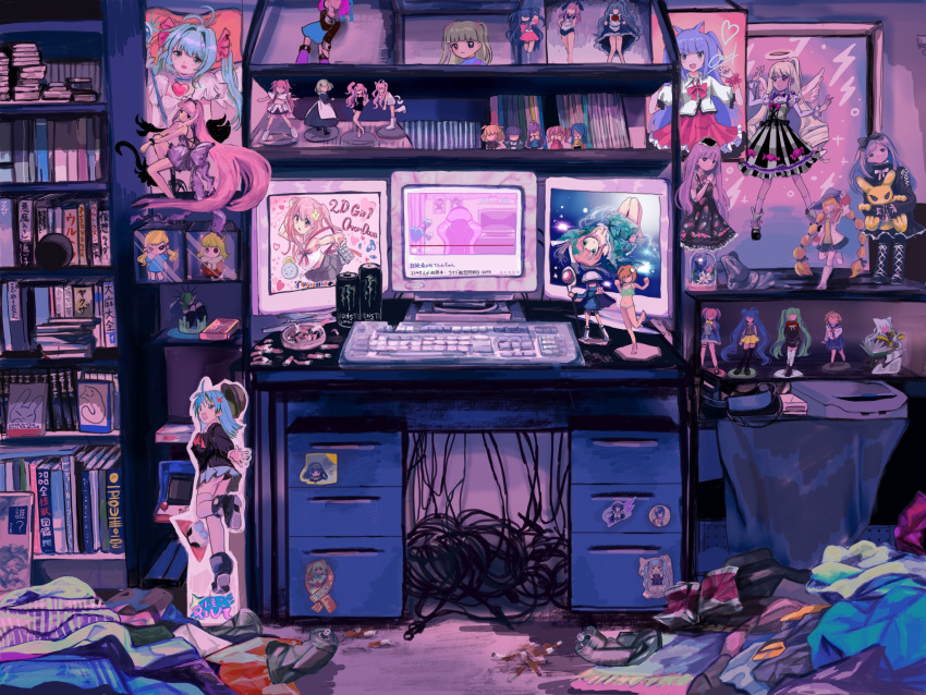 bookshelf cable can cigarette_butt clothes_on_floor drawer dvd_(object) figure highres keyboard_(computer) monitor needy_girl_overdose nyalra official_art poster_(object) shelf soda_can sticker trash