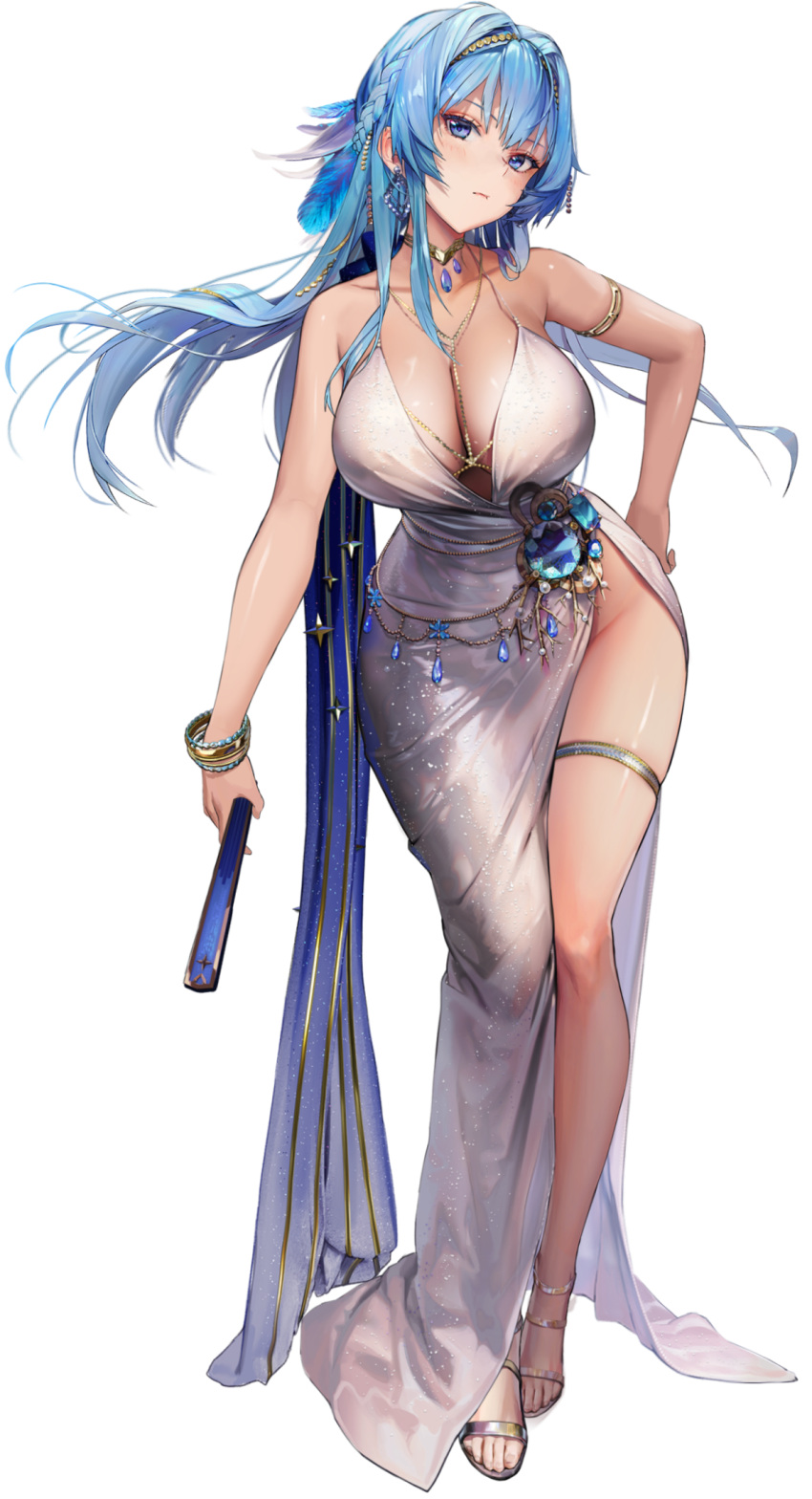 1girl alternate_costume armlet bad_link bangs bare_shoulders blue_eyes blue_hair blush bracelet braid breasts cleavage closed_mouth collarbone dress earrings folded_fan folding_fan full_body goddess_of_victory:_nikke gold_trim hair_ornament hand_fan hand_on_hip helm_(nikke) highres holding jewelry kkuem large_breasts long_hair looking_at_viewer necklace official_art shiny shiny_hair shiny_skin side_slit simple_background sleeveless sleeveless_dress solo thigh_strap thighs third-party_source toeless_footwear toes transparent_background white_background