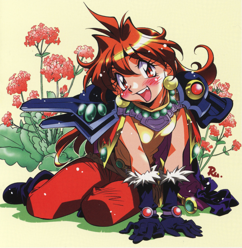 ahoge armor belt boots breasts cape earrings elbow_gloves fang female flower full_body gloves hairband highres jewelry leaf leaves lina_inverse long_hair looking_at_viewer nature necklace open_mouth pantyhose red_eyes red_hair sitting slayers small_breasts smile solo teeth tights tongue tunic wavy_hair