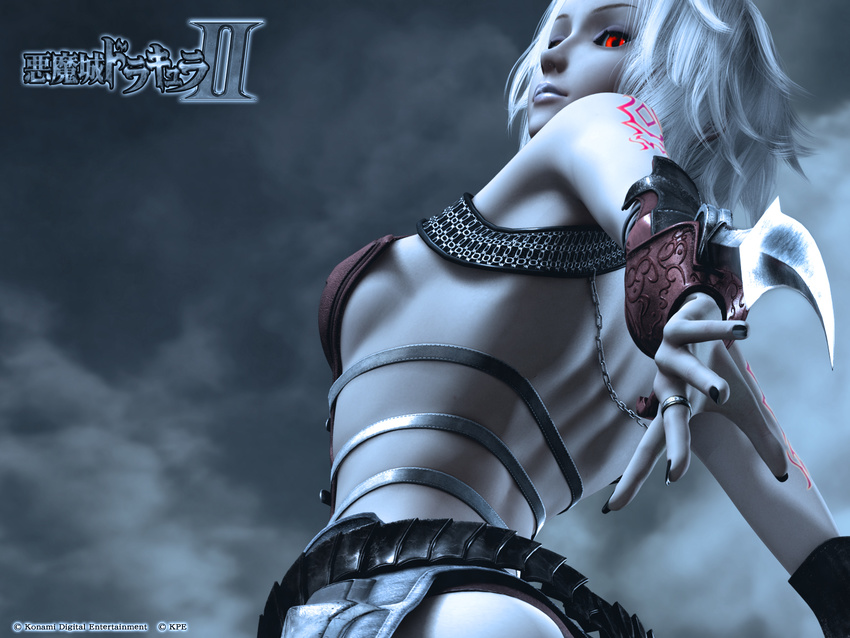 1girl 3d angela_(castlevania) armor ass castlevania castlevania_pachislot dark_persona highres official_art short_hair silver_hair tattoo wallpaper weapon