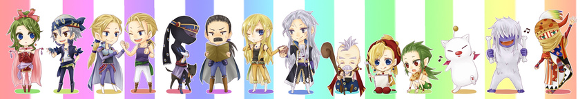 3girls 6+boys 8boys armband armor bandana bandanna black_hair blonde_hair blue_eyes blue_skin bone book boots bridal_gauntlets brown_eyes cape card cards cayenne_garamonde celes_chere detached_sleeves dog earrings edgar_roni_figaro eyes_closed facial_hair female final_fantasy final_fantasy_vi fingerless_gloves gau gloves gogo green_eyes green_hair grey_hair hat highres humumumu interceptor jacket jewelry lock_cole long_hair long_image male mash_rene_figaro mog moogle multiple_boys multiple_girls mustache necklace notepad one_eye_closed open_mouth paintbrush pants pantyhose pink_ribbon ponytail red_eyes relm_arrowny ribbon sash scar scarf setzer_gabbiani shadow_(ff6) short_hair shoulder_pads silver_hair sitting squat squatting staff stragus_magus tina_branford trench_coat trenchcoat umaro wide_image wink wristband yeti_(creature)