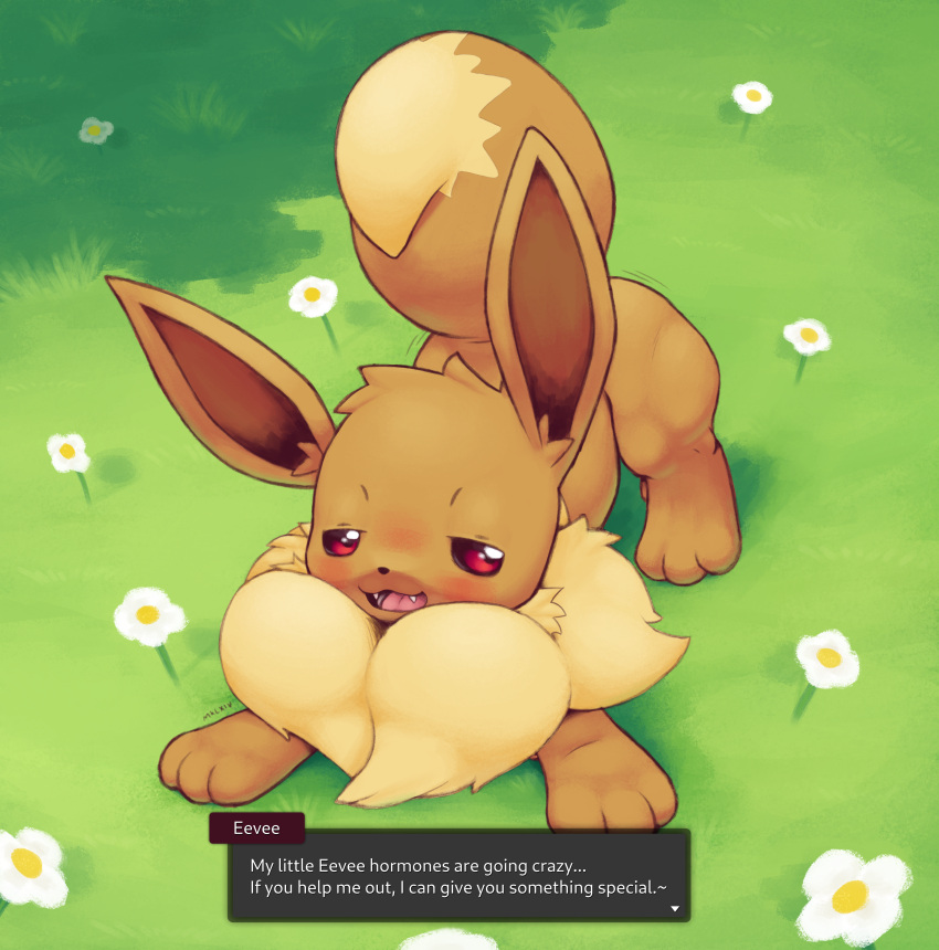 2022 3_toes absurd_res ambiguous_gender ass_up bedroom_eyes blush brown_body brown_fur cute_fangs dialogue dialogue_box digital_media_(artwork) digital_painting_(artwork) dipstick_tail eevee english_text feet feral flower fluffy fur generation_1_pokemon grass hi_res light lighting male_(lore) markings mklxiv multicolored_body multicolored_fur narrowed_eyes neck_tuft nintendo open_mouth open_smile pink_eyes plant pokemon pokemon_(species) raised_tail seductive signature smile smug solo tail_markings tan_body tan_fur text toes tongue triangle_nose tuft video_games