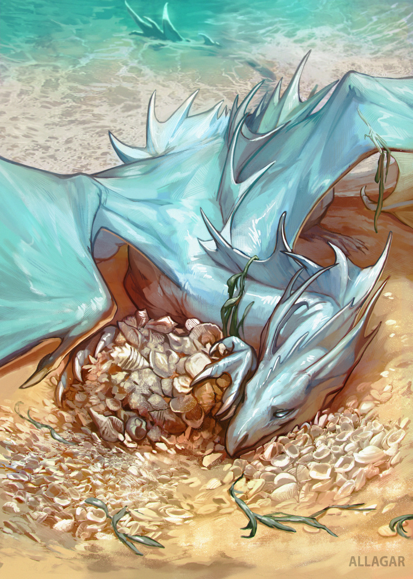 2022 absurd_res allagar ambiguous_gender beach day detailed_background digital_media_(artwork) dragon feral hi_res membrane_(anatomy) membranous_wings outside sand seaside shoreline sky solo spines water wings wyvern