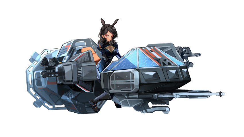 1girl absurdres animal_ears azur_lane biker_clothes bikesuit black_hair bodysuit breasts brown_hair cannon cleavage commentary commission commissioner_upload english_commentary fake_animal_ears gatling_gun headband highres horse_ears hover_bike logo long_hair mecha_musume military military_vehicle non-web_source orange_eyes original personification plaid plaid_background rigging rocinante_(the_expanse) science_fiction spacecraft sydus tachi_(the_expanse) the_expanse turret vehicle_focus weapon_mount