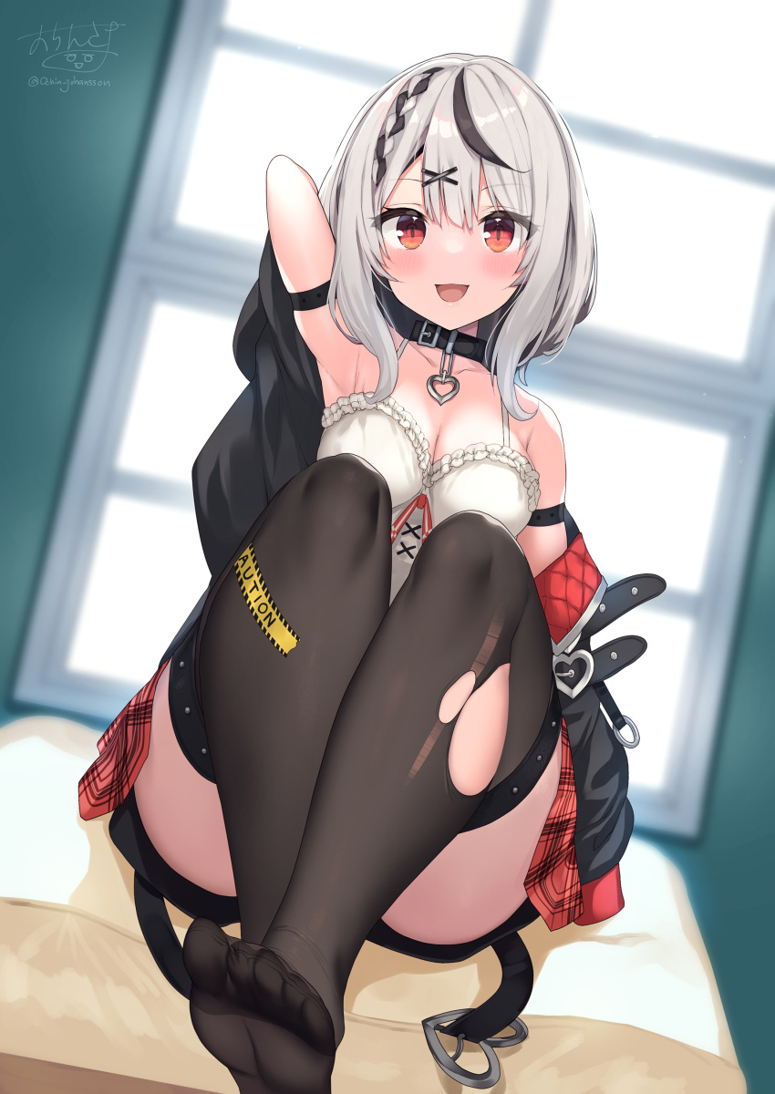 1girl absurdres arm_strap armpits bangs black_collar black_hair black_thighhighs blurry blurry_background blush breasts camisole collar feet grey_hair heart_collar highres hololive legs looking_at_viewer medium_breasts medium_hair multicolored_hair no_shoes ochinsama off-shoulder_jacket off_shoulder open_mouth red_eyes sakamata_chloe sitting skirt soles solo streaked_hair thighhighs toes torn_clothes torn_legwear torn_thighhighs virtual_youtuber white_camisole