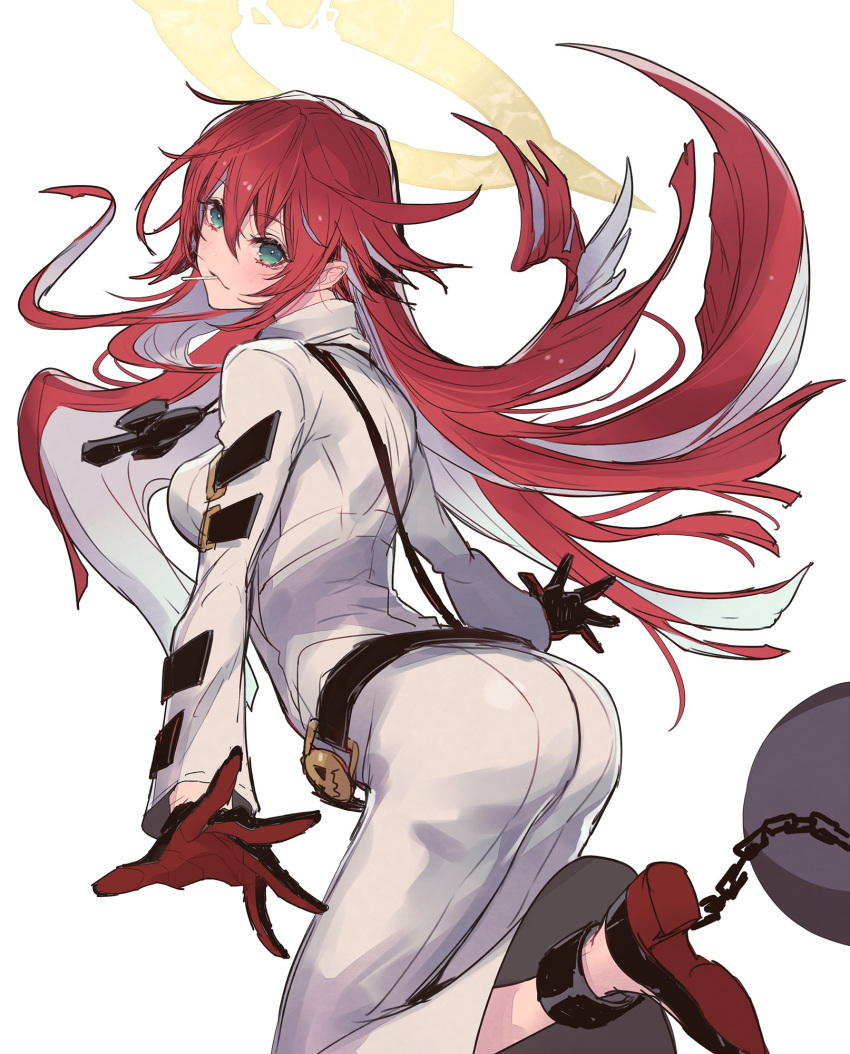 1girl ankh ankh_necklace ankle_cuffs arm_belt ass ball_and_chain_restraint bell-bottoms belt bodysuit broken_halo candy compass_rose_halo food food_in_mouth from_behind gloves green_eyes guilty_gear guilty_gear_strive halo highres jack-o'_valentine light_blush lollipop looking_at_viewer looking_back multicolored_hair oro_(sumakaita) pants red_hair simple_background solo studded_belt white_background white_bodysuit white_hair white_pants