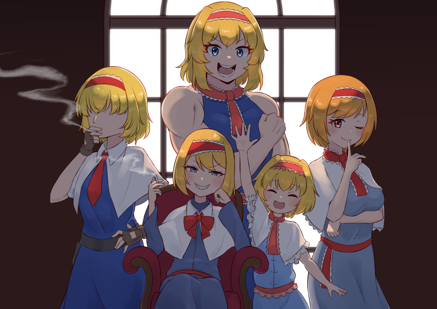 5girls absurdres alice_margatroid arm_under_breasts ascot bangs black_gloves blonde_hair blue_dress blue_eyes blush bow bowtie breasts capelet cigarette closed_eyes closed_mouth collared_capelet commentary_request cookie_(touhou) dress feet_out_of_frame fingerless_gloves flat_chest frilled_ascot frilled_hairband frills gloves hairband highres hinase_(cookie) ichigo_(cookie) jigen_(cookie) looking_at_viewer medium_breasts multiple_girls necktie open_mouth red_bow red_bowtie red_hairband red_necktie red_sash sakuranbou_(cookie) sash sharp_teeth short_hair sitting sleeveless sleeveless_dress smile smoke smoking taisa_(cookie) teeth touhou tsugumi_amon white_capelet window