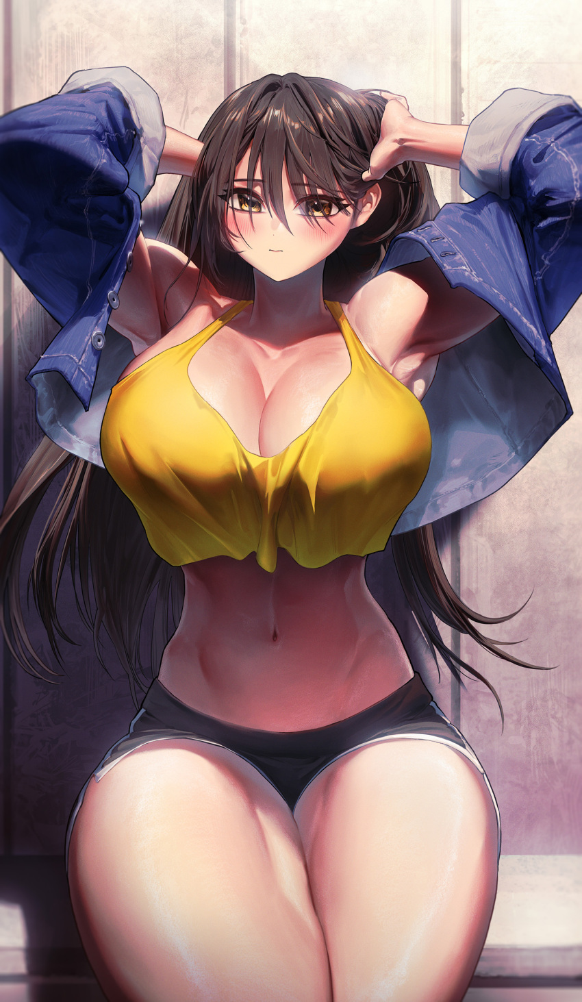 1girl absurdres armpits arms_up bangs bare_shoulders blush breasts brown_hair cleavage closed_mouth crop_top cropped_jacket denim denim_jacket ghdwid hair_between_eyes highres jacket large_breasts long_hair looking_at_viewer navel original short_shorts shorts sitting solo tank_top thick_thighs thighs yellow_eyes yellow_tank_top