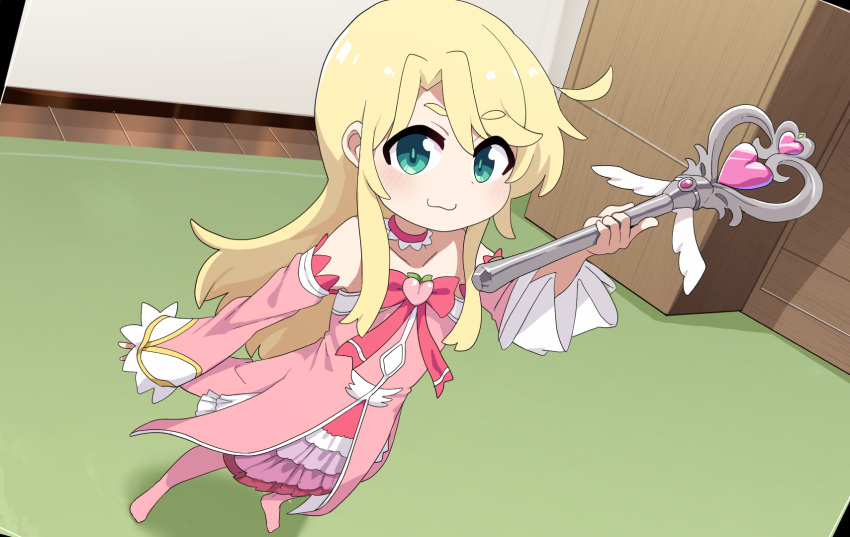 1girl :3 blonde_hair blush chiyoda_momo chiyoda_momo_(cosplay) closed_mouth commentary_request cosplay cowlick detached_sleeves dress fuka_(kantoku) full_body green_eyes heart heart_wand highres himesaka_noa holding holding_wand indoors kitou_akari long_hair looking_at_viewer machikado_mazoku magical_girl pantyhose pink_dress pink_pantyhose pink_sleeves smile solo standing strapless strapless_dress voice_actor_connection wand watashi_ni_tenshi_ga_maiorita!