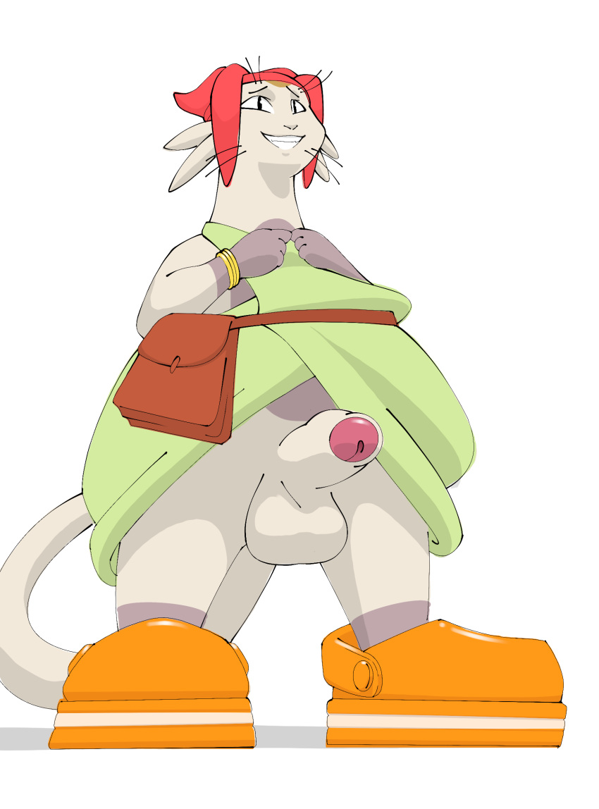 anthro balls betelgeusian clothed clothing erection felid feline foreskin genitals grin hi_res humanoid_genitalia ickyfig male mammal meow_(space_dandy) partially_clothed penis smile solo space_dandy