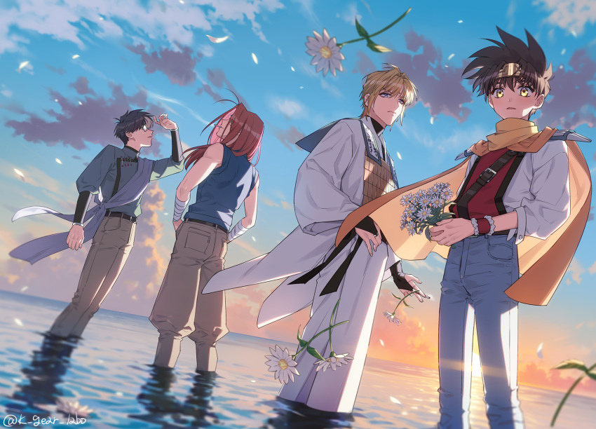 4boys blonde_hair cho_hakkai cigarette cloud cloudy_sky flower forehead_protector genjou_sanzou highres k_(gear_labo) long_hair looking_at_viewer looking_up multiple_boys open_mouth red_hair saiyuki sha_gojou short_hair sky sleeveless smoking son_goku_(saiyuki) sunset twitter_username wading white_flower yellow_eyes