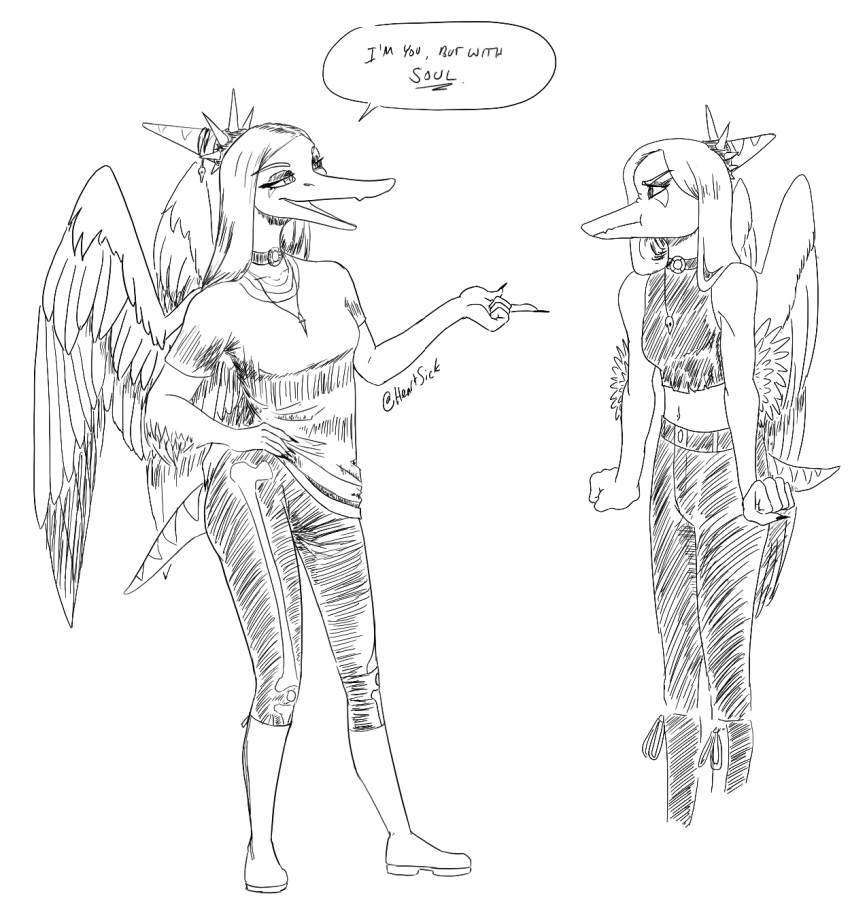 alternate_costume alternate_form anthro baggy_clothing choker clothing dialogue dinosaur duo english_text fang_(gvh) feathered_wings feathers female goodbye_volcano_high hair heartsick hi_res jewelry leggings legwear long_hair long_snout makeup markings midriff monochrome navel necklace open_mouth oversized_shirt pterodactylus pterosaur reptile scalie sketch snoot_game_(fan_game) snout speech_bubble text video_games wings