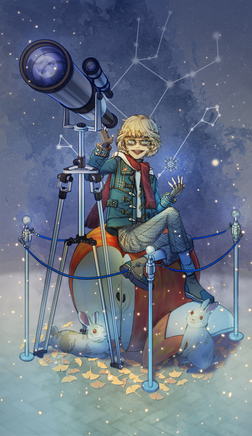 1girl absurdres apple blonde_hair blue_eyes blue_jacket brown_gloves chenovellia commentary_request constellation fingerless_gloves food fruit ginkgo gloves goggles highres jacket long_sleeves medium_hair open_clothes open_jacket open_mouth original rabbit red_scarf scarf sitting smile snowflakes teeth telescope