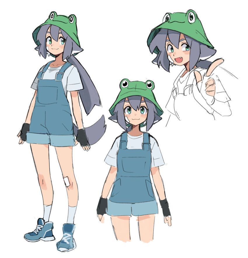 1girl :3 :d azuumori bandaid bandaid_on_knee bandaid_on_leg blue_footwear blue_overalls fang fingerless_gloves frog_hat gloves green_eyes green_headwear grey_hair grey_shirt hat highres index_finger_raised looking_at_viewer multiple_views open_mouth original overall_shorts overalls ponytail shirt shoes short_sleeves simple_background smile socks standing white_background white_socks