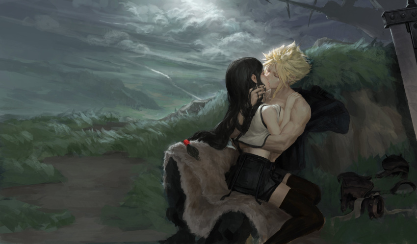 1boy 1girl absurdres aircraft airship black_hair breasts buster_sword cleavage closed_eyes clothes_lift cloud cloud_strife cloudy_sky final_fantasy final_fantasy_vii final_fantasy_vii_remake highres hug kiss muscular muscular_male shirt_lift sideboob sky spiked_hair tifa_lockhart topless_male zoewingsz
