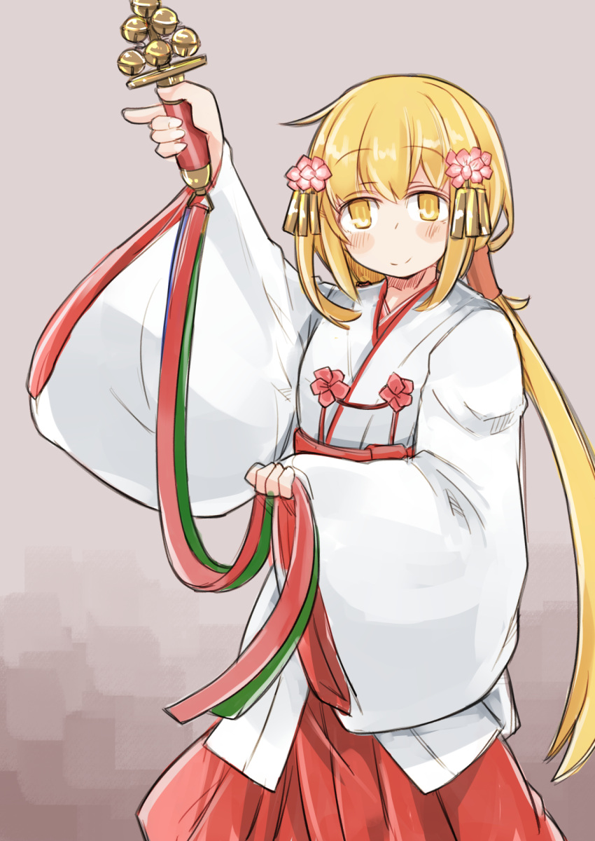 1girl alternate_costume bell blonde_hair commentary_request commission cowboy_shot enjaku_izuku gradient gradient_background grey_background hair_ornament hakama hakama_skirt highres japanese_clothes jingle_bell kagura_suzu kantai_collection kimono long_hair miko red_hakama ribbon satsuki_(kancolle) skirt solo standing twintails white_kimono wide_sleeves yellow_eyes