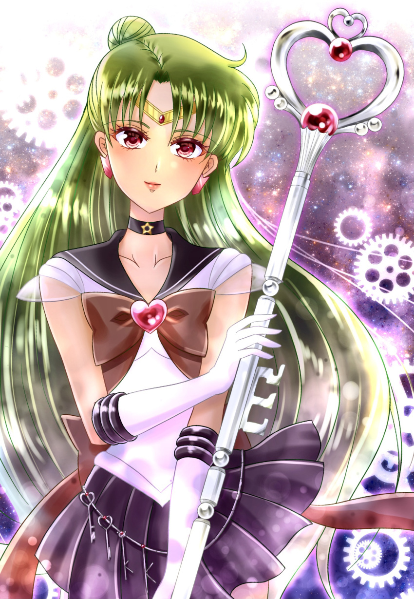 1girl arrow_earrings back_bow bangs bishoujo_senshi_sailor_moon black_sailor_collar black_skirt bow elbow_gloves garnet_rod gem gloves green_hair highres itsuki_(flyingpot) lips long_hair meiou_setsuna miniskirt necktie pleated_skirt red_bow red_eyes red_gemstone red_necktie sailor_collar sailor_pluto shirt short_sleeves skirt solo swept_bangs tiara very_long_hair white_gloves white_shirt