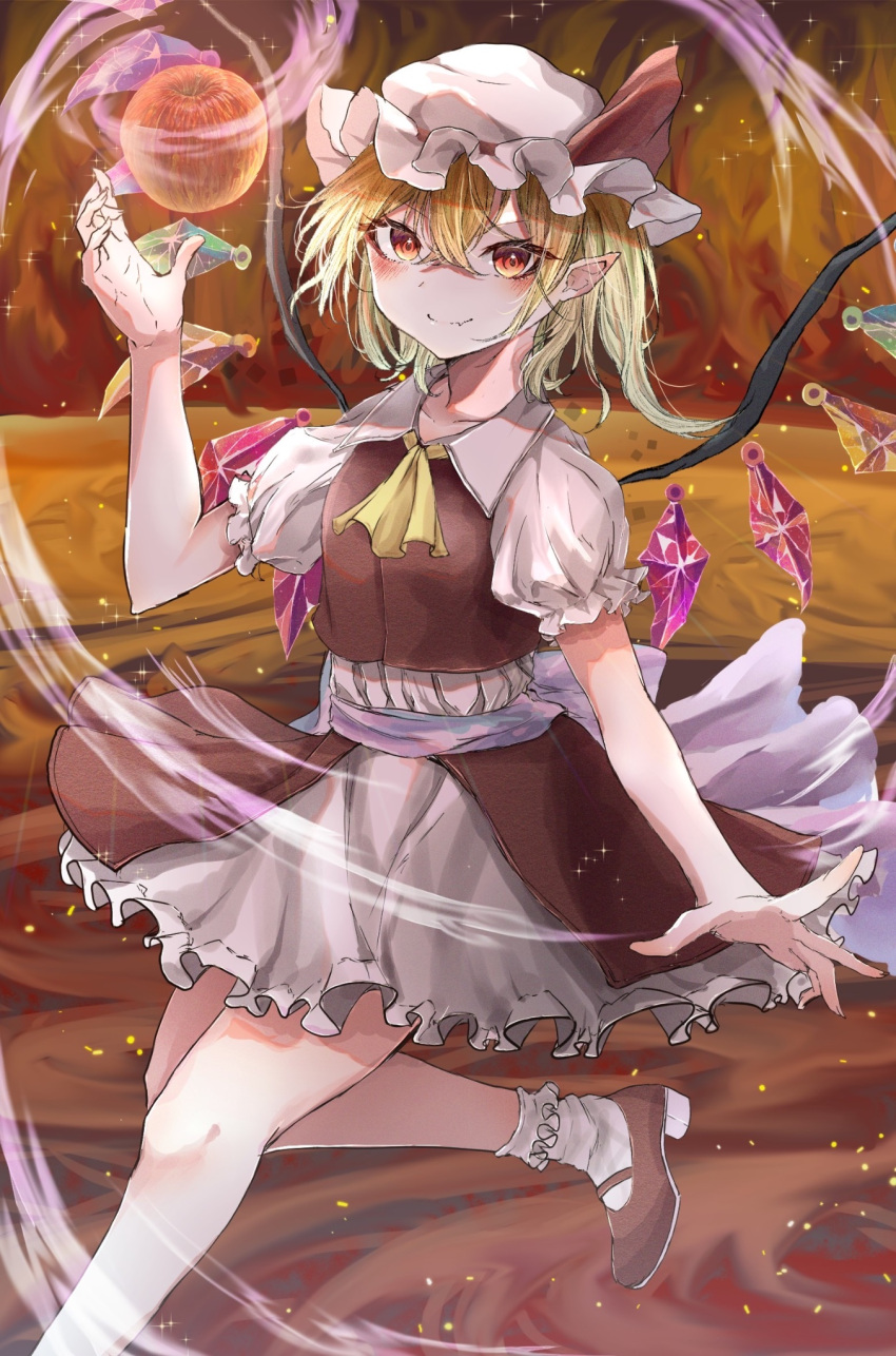 1girl blonde_hair closed_mouth crystal fang flandre_scarlet hair_between_eyes hat hat_ribbon hegata_(hegatia_lapis) high_heels highres light_particles looking_at_viewer mob_cap one_side_up pointy_ears red_eyes red_footwear red_ribbon red_skirt red_vest ribbon skin_fang skirt smile socks solo touhou vest white_headwear white_socks wings
