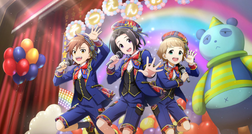 3boys balloon black_hair bow bowtie brown_hair buttons fingernails hat highres himeno_kanon holding holding_microphone idolmaster idolmaster_side-m idolmaster_side-m_growing_stars male_child male_focus microphone mofumofuen_(idolmaster) multiple_boys official_art okamura_nao open_hand open_mouth party_hat purple_eyes rainbow shoelaces shoes shorts smile stage stuffed_animal stuffed_panda stuffed_toy tachibana_shiro_(idolmaster) teeth undershirt upper_teeth