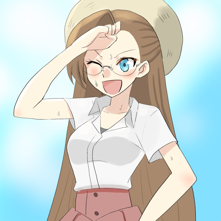 1girl blue_background blue_eyes blue_sky blush breasts brown_hair check_commentary collared_shirt commentary commentary_request eyelashes hat highres katarina_claes long_hair medium_breasts one_eye_closed open_collar open_mouth otome_game_no_hametsu_flag_shika_nai_akuyaku_reijou_ni_tensei_shite_shimatta red_skirt shirt short_sleeves skirt sky smile sweat tekisui upper_body white_shirt wiping_forehead wiping_sweat