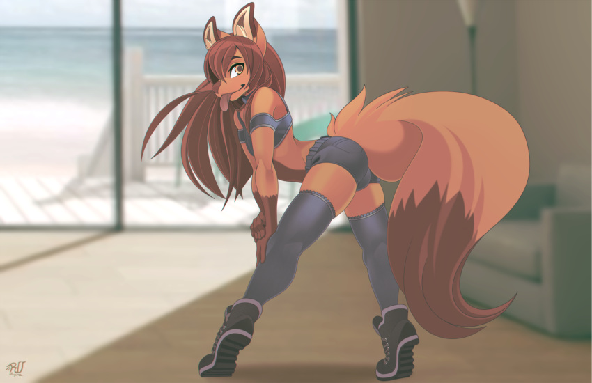 2022 5_fingers anthro blep breasts brown_body brown_fur canid canine clothed clothing detailed_background digital_media_(artwork) female fingers footwear fox fur hair hi_res mammal rudragon shoes smile solo tan_eyes tongue tongue_out