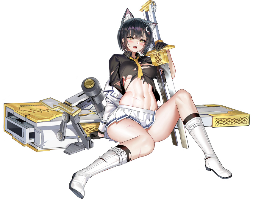 1girl animal_ear_fluff animal_ears bangs battle_damage belt black_gloves black_hair black_shirt blush bob_cut boots breasts coat coat_on_shoulders collared_shirt crescent crescent_hair_ornament defeat fang full_body game_cg gloves hair_ornament hairclip highres huge_weapon injury jewelry knee_boots kneehighs last_origin linea_alba looking_at_viewer machinery medium_breasts navel necktie nipple_slip nipples official_art open_mouth pin planted planted_sword pleated_skirt sheath shirt short_hair simple_background skindentation skirt socks solo sword tachi-e taesi tearing_up thick_eyebrows torn_boots torn_clothes torn_necktie torn_shirt torn_skirt torn_socks transparent_background uniform unsheathed vargr_(last_origin) weapon white_footwear white_skirt wolf_ears yellow_eyes yellow_necktie
