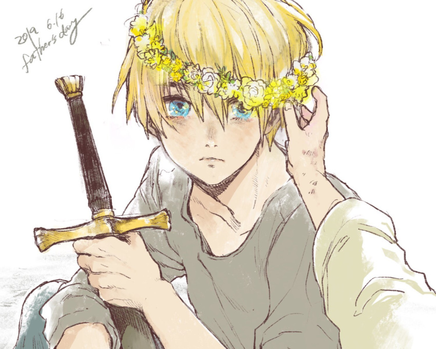 1boy blonde_hair blue_eyes closed_mouth dated father's_day flower gensou_suikoden gensou_suikoden_v looking_at_viewer male_focus natsuo_(hatohaco) simple_background sword weapon white_background