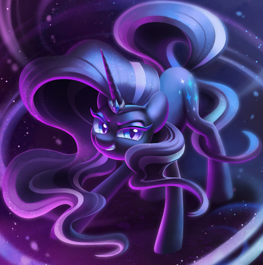 2020 absurd_res ass_up black_body celebi-yoshi crown cutie_mark digital_media_(artwork) digital_painting_(artwork) equid equine eyelashes female feral grin hair hasbro hi_res horn horse idw_publishing long_hair looking_at_viewer mammal multicolored_hair my_little_pony my_little_pony_(idw) narrowed_eyes nightmare_rarity_(idw) pony purple_theme quadruped smile solo two_tone_hair unicorn