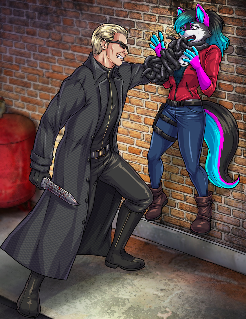 absurd_res albert_wesker_(resident_evil) anthro asphyxiation boots bottomwear canid canine canis capcom choking claire_redfield_(resident_evil) clothed clothing coat cosplay costume dead_by_daylight denim denim_clothing dominant dominant_male duo female footwear fully_clothed gloves handwear hi_res human humanoid jacket jeans knife leather lifted_by_neck male male/female mammal neck_grab pants pinned pinned_to_wall red_clothing red_jacket red_topwear resident_evil roleplay scared shaiyano size_difference strangling tentacles topwear trenchcoat video_games wolf yozora