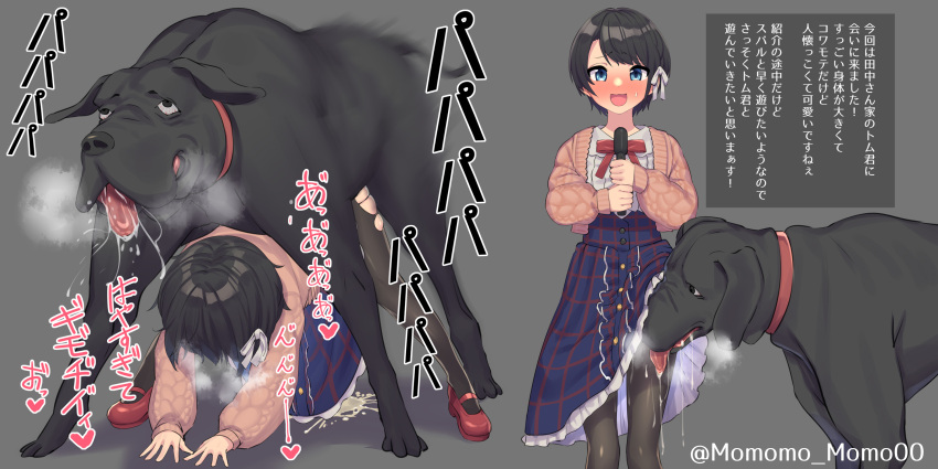 1girl :d all_fours bestiality black_hair blue_eyes blush cardigan commission cum cum_on_floor dog doggystyle frilled_skirt frills high-waist_skirt highres holding holding_microphone hololive long_skirt long_sleeves looking_at_viewer microphone neck_ribbon nose_blush oozora_subaru pantyhose pink_cardigan red_ribbon ribbon saliva sex sex_from_behind shirt short_hair skeb_commission skirt smile standing sweatdrop tongue tongue_out torn_pantyhose translation_request virtual_youtuber white_shirt yoshiwa_tomo