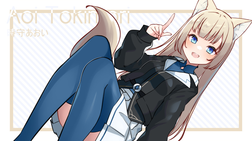 1girl adapted_costume animal_ears bangs belt blonde_hair blue_eyes blunt_bangs clock_hands dark_hound_3 fox_ears fox_girl fox_tail hat hat_removed headwear_removed highres long_hair pleated_skirt prism_project sidelocks skirt solo symbol-shaped_pupils tail thighhighs tokimori_aoi virtual_youtuber white_skirt