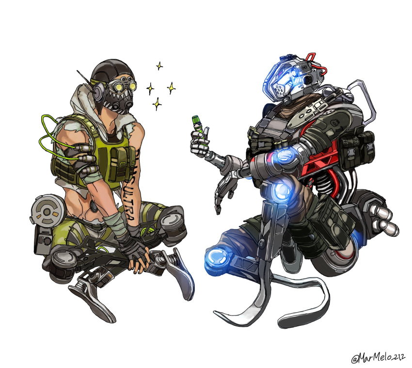 1boy apex_legends arm_tattoo black_gloves black_headwear black_shirt cable cropped_shirt cropped_vest crossover gloves goggles green_vest grey_shorts grey_vest highres holding humanoid_robot indian_style kotone_a male_focus mask mechanical_legs mouth_mask octane_(apex_legends) pilot_(titanfall_2) power_connection robot shirt shorts simulacrum_(titanfall) sitting sparkle stim_pilot_(titanfall_2) tattoo titanfall_(series) titanfall_2 vest vial white_background