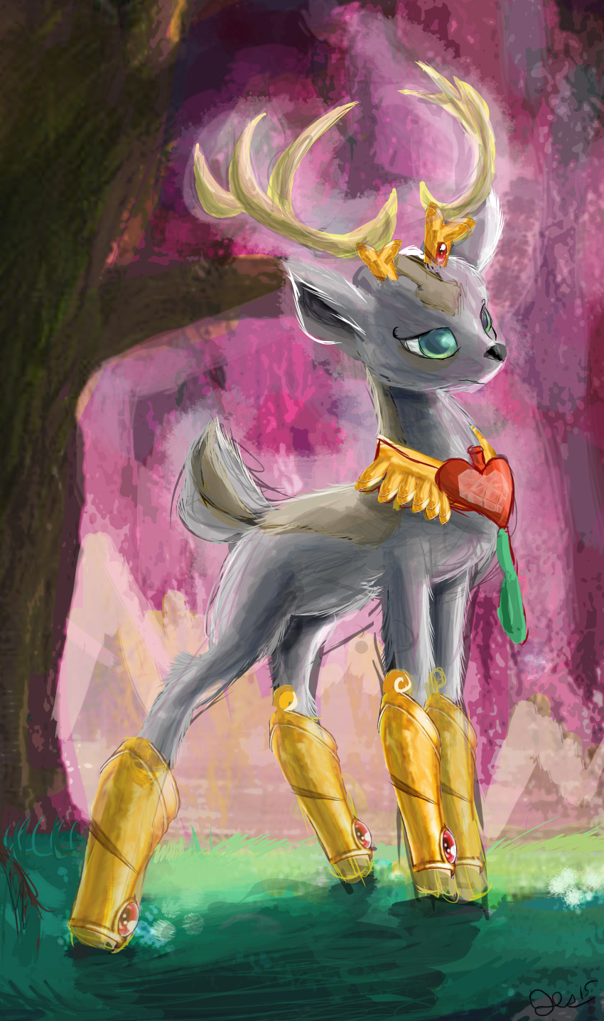 2015 absurd_res antlers black_nose cervid collar digital_media_(artwork) digital_painting_(artwork) feral forest fur green_eyes hasbro hi_res horn idw_publishing king_aspen_(mlp) male mammal my_little_pony my_little_pony_(idw) owlvortex plant quadruped royalty scut_tail short_tail signature solo standing tree white_body white_fur