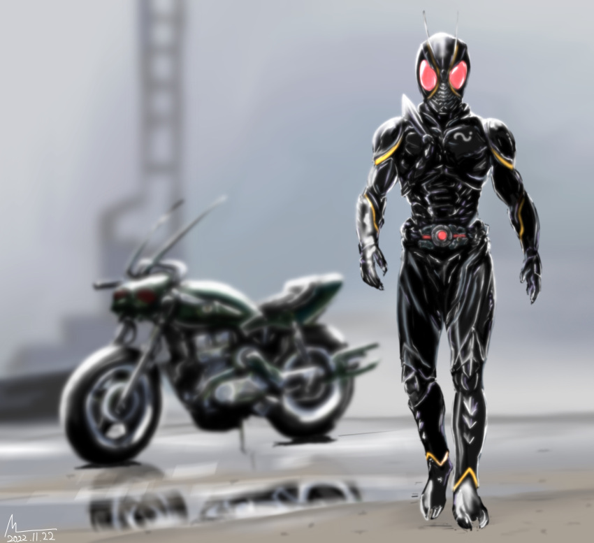 absurdres battle_hopper ground_vehicle highres kamen_rider kamen_rider_black_(series) kamen_rider_black_sun kamen_rider_black_sun_(character) ml_(emunieru) motor_vehicle motorcycle parody