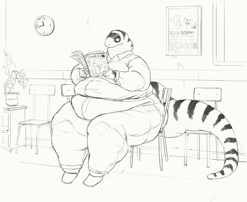 anthro belly big_belly bottomwear california_kingsnake cettus chair clock clothing dress_shirt female furniture hi_res holding_object inside maeve_gibson magazine obese obese_anthro obese_female overweight overweight_anthro overweight_female pants plant reading reptile scalie shirt sitting sketch snake solo striped_body stripes topwear waiting_room