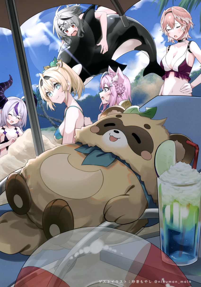 5girls :d absurdres animal_ears bangs beach_umbrella bikini black_hair blonde_hair blue_eyes blush braid braided_bun breasts cleavage closed_eyes closed_mouth cup day demon_horns grey_hair hair_between_eyes hair_bun hakui_koyori head_wings highres hololive holox horns kazama_iroha la+_darknesss large_breasts looking_at_animal looking_back multicolored_hair multiple_girls open_mouth orca outdoors pink_hair pointy_ears pokobee ponytail purple_hair red_eyes sakamata_chloe scan smile stomach streaked_hair swimsuit takane_lui tanuki umbrella umibouzu_(niito) virtual_youtuber wolf_ears